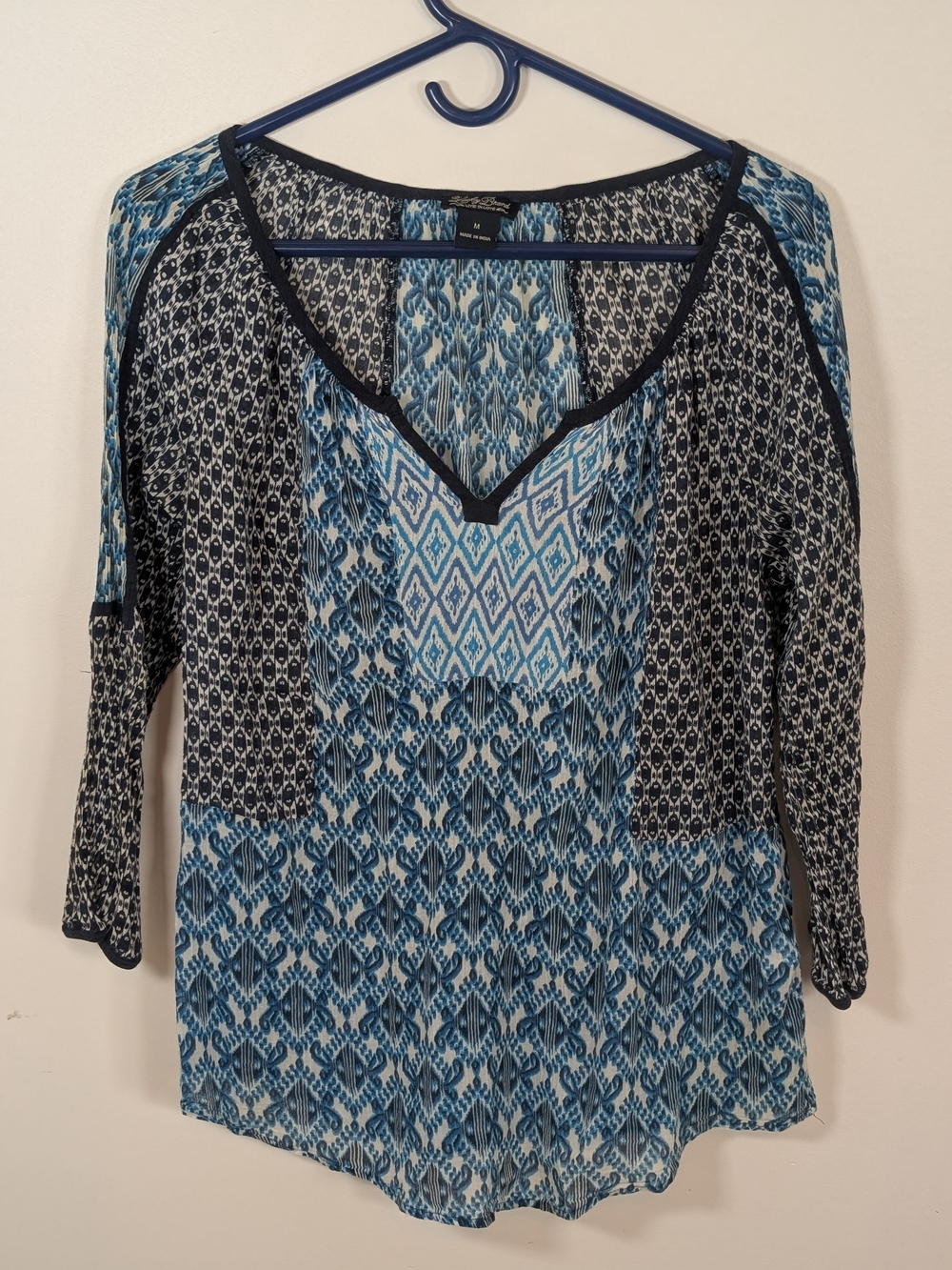 Polyester blouse, Lucky Brand, blue geometric print top with lace sleeves
